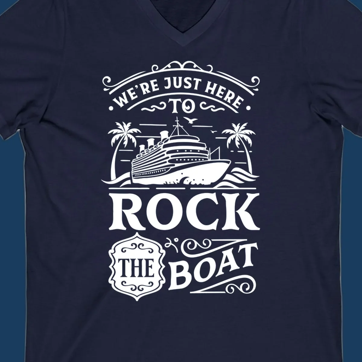 Text and illustration of a cruise ship and palm trees with the phrase Rock The Boat Cruise.