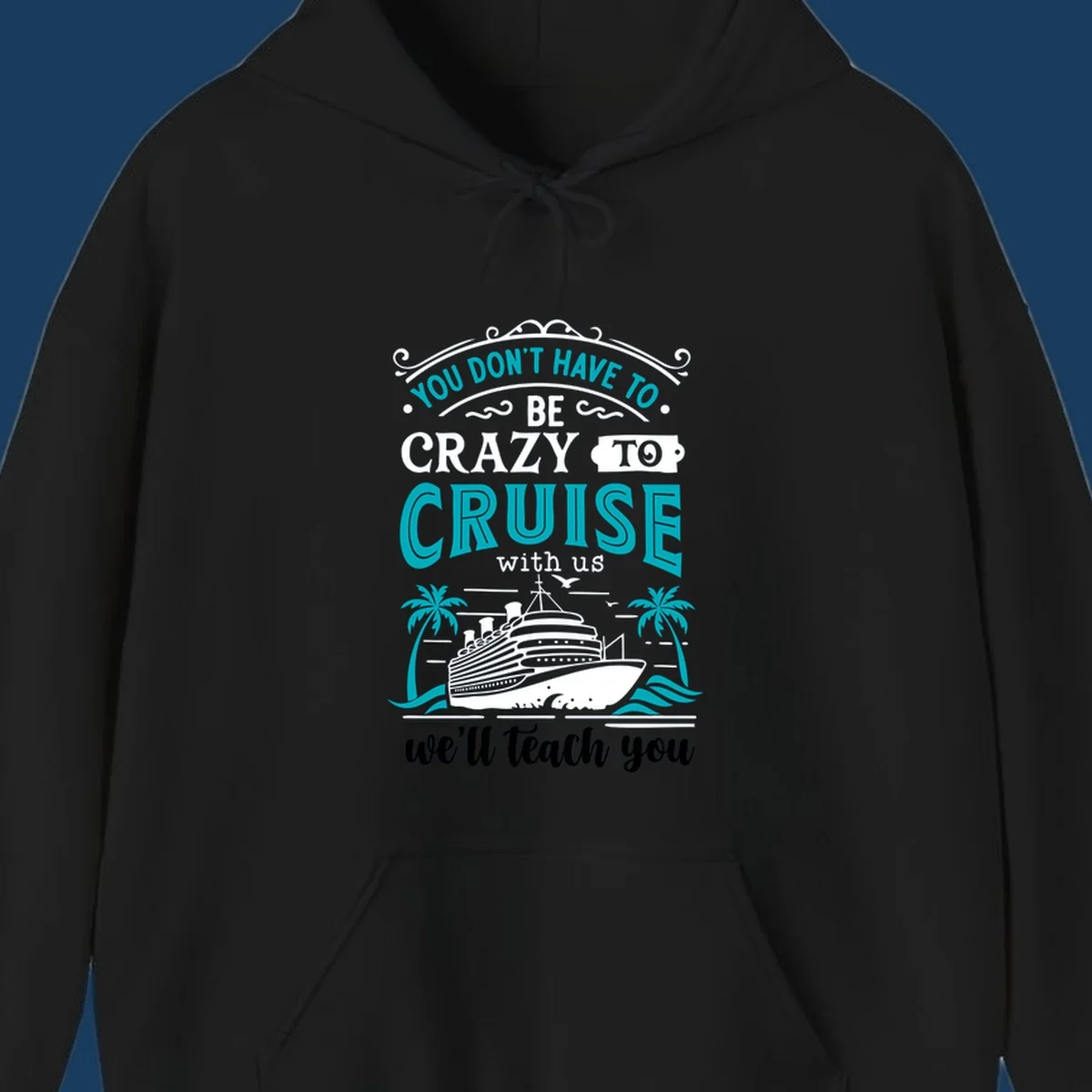 Illustration for 'Crazy to Cruise' design featuring a cruise ship, palm trees, and text.
