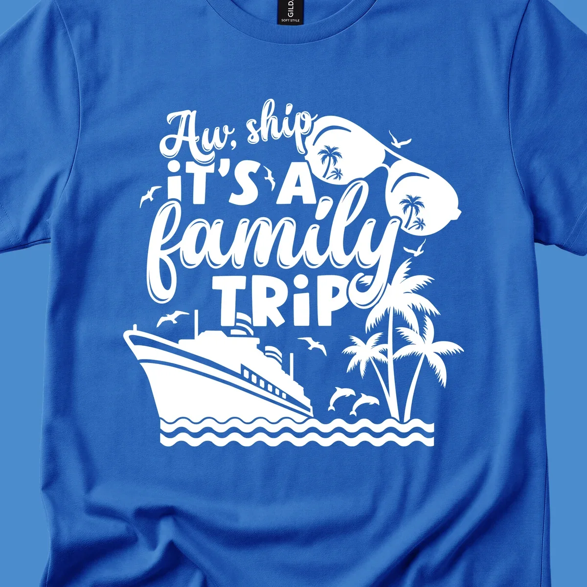 Aw Ship It's A Family Trip design with cruise ship, sunglasses, palm trees, and dolphins.