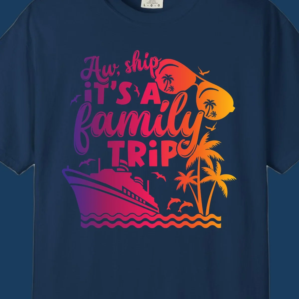 Family cruise trip text with ship, palm trees, and sunglasses.