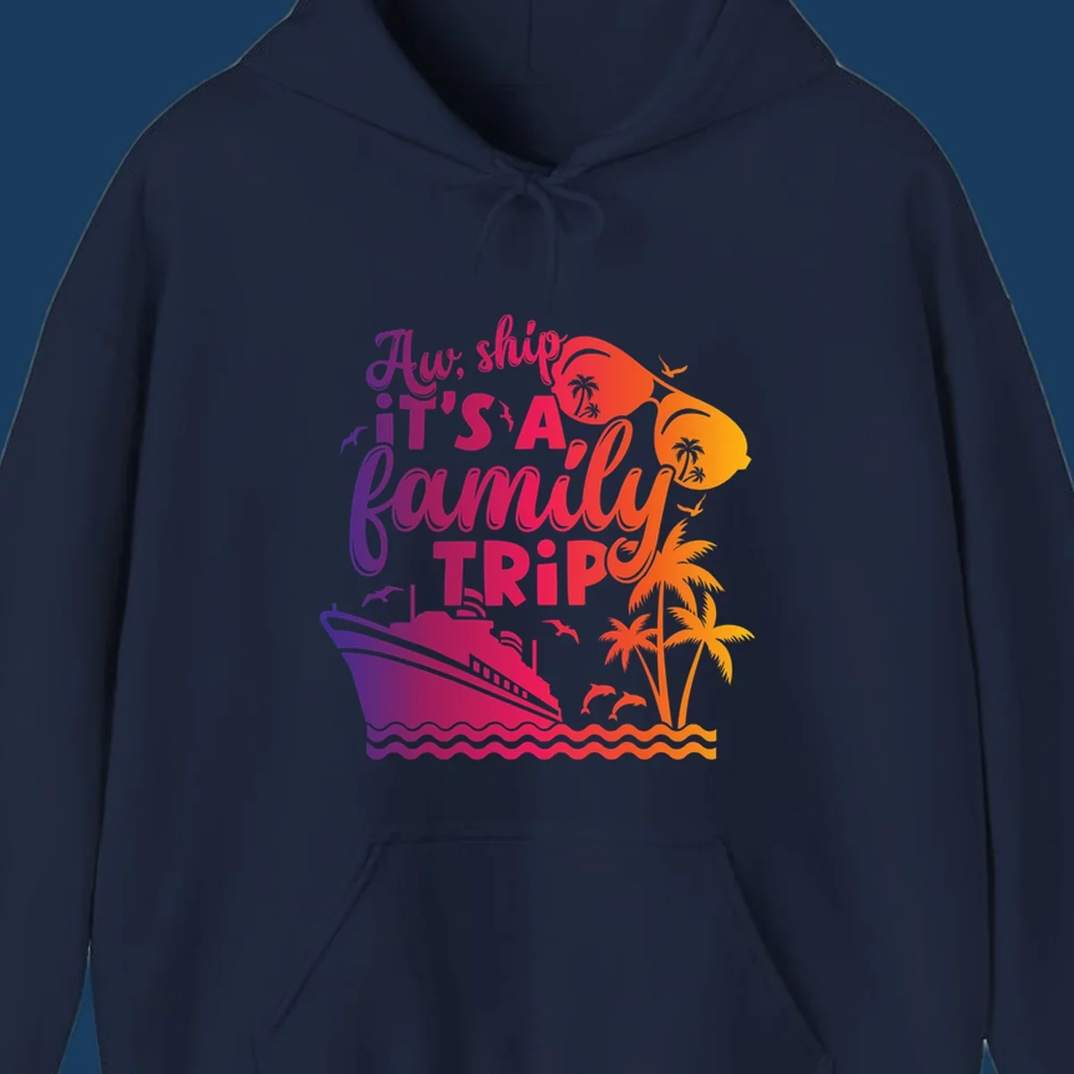 Family cruise trip text with ship, palm trees, and sunglasses.