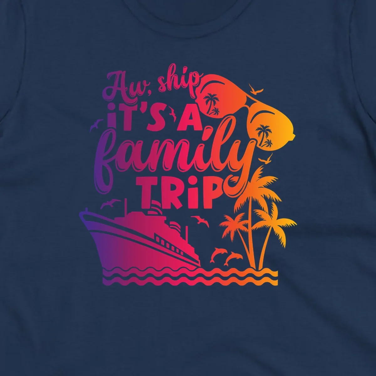 Family cruise trip text with ship, palm trees, and sunglasses.