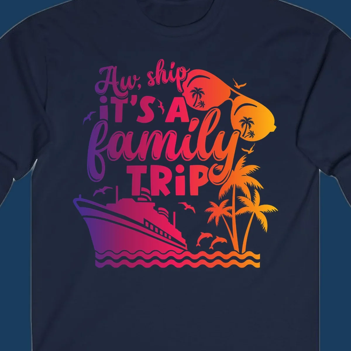 Family cruise trip text with ship, palm trees, and sunglasses.