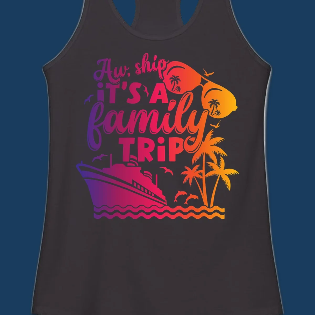 Family cruise trip text with ship, palm trees, and sunglasses.