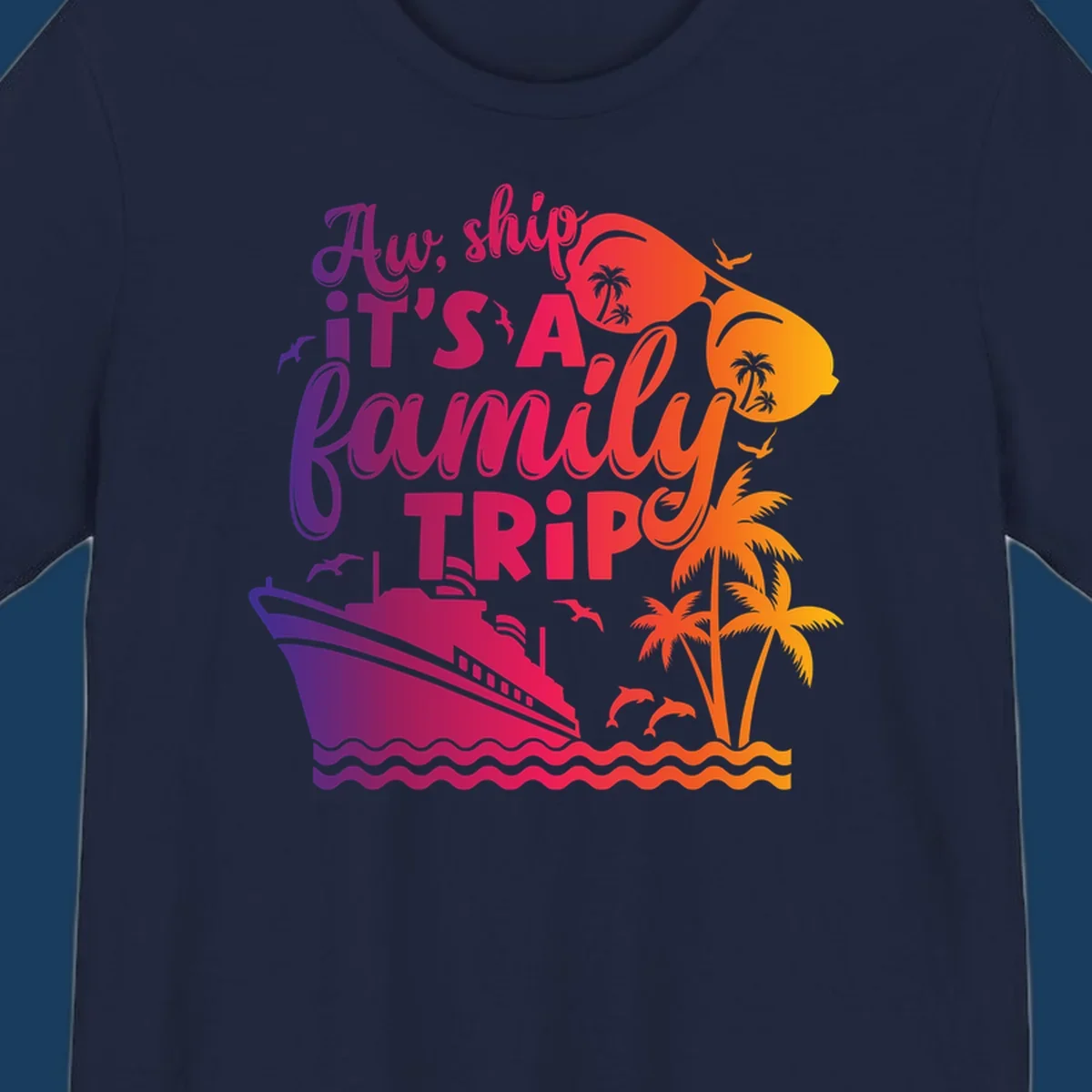 Family cruise trip text with ship, palm trees, and sunglasses.