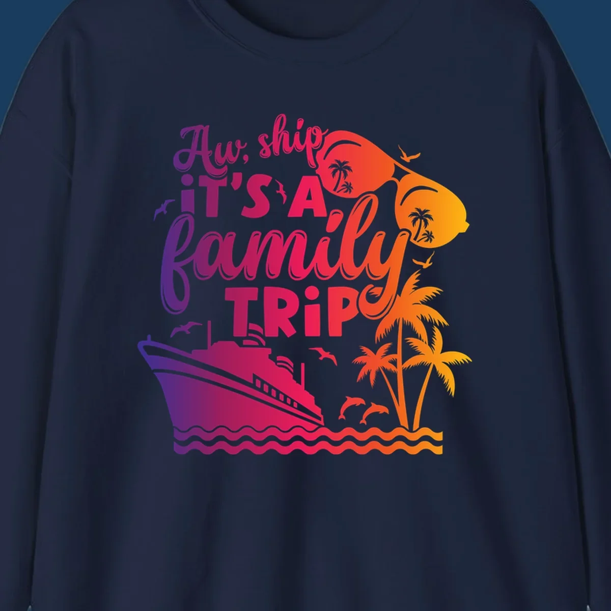 Family cruise trip text with ship, palm trees, and sunglasses.