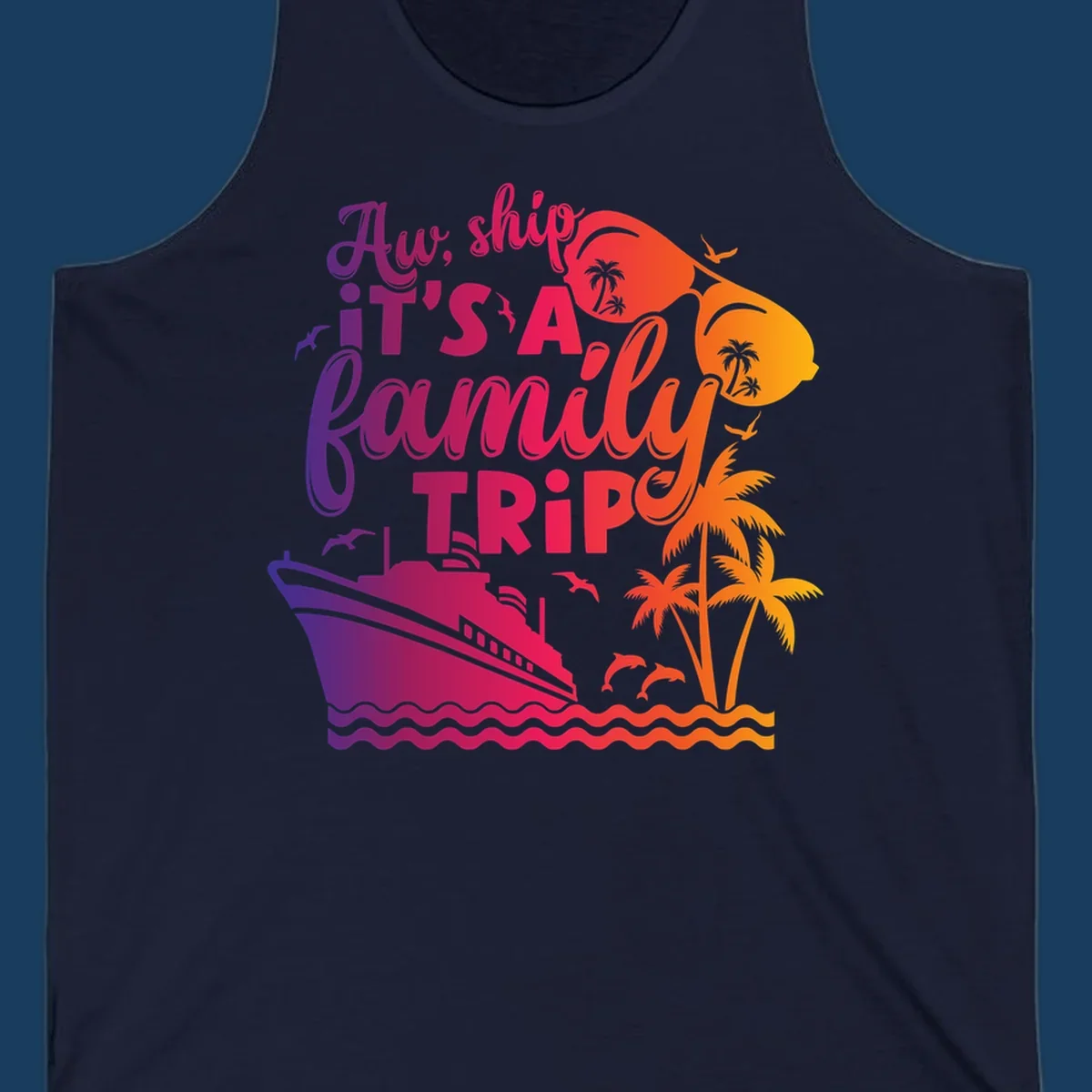 Family cruise trip text with ship, palm trees, and sunglasses.