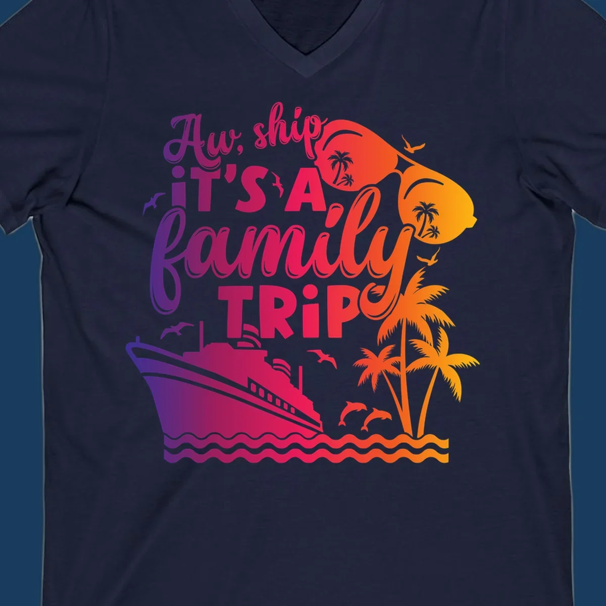 Family cruise trip text with ship, palm trees, and sunglasses.