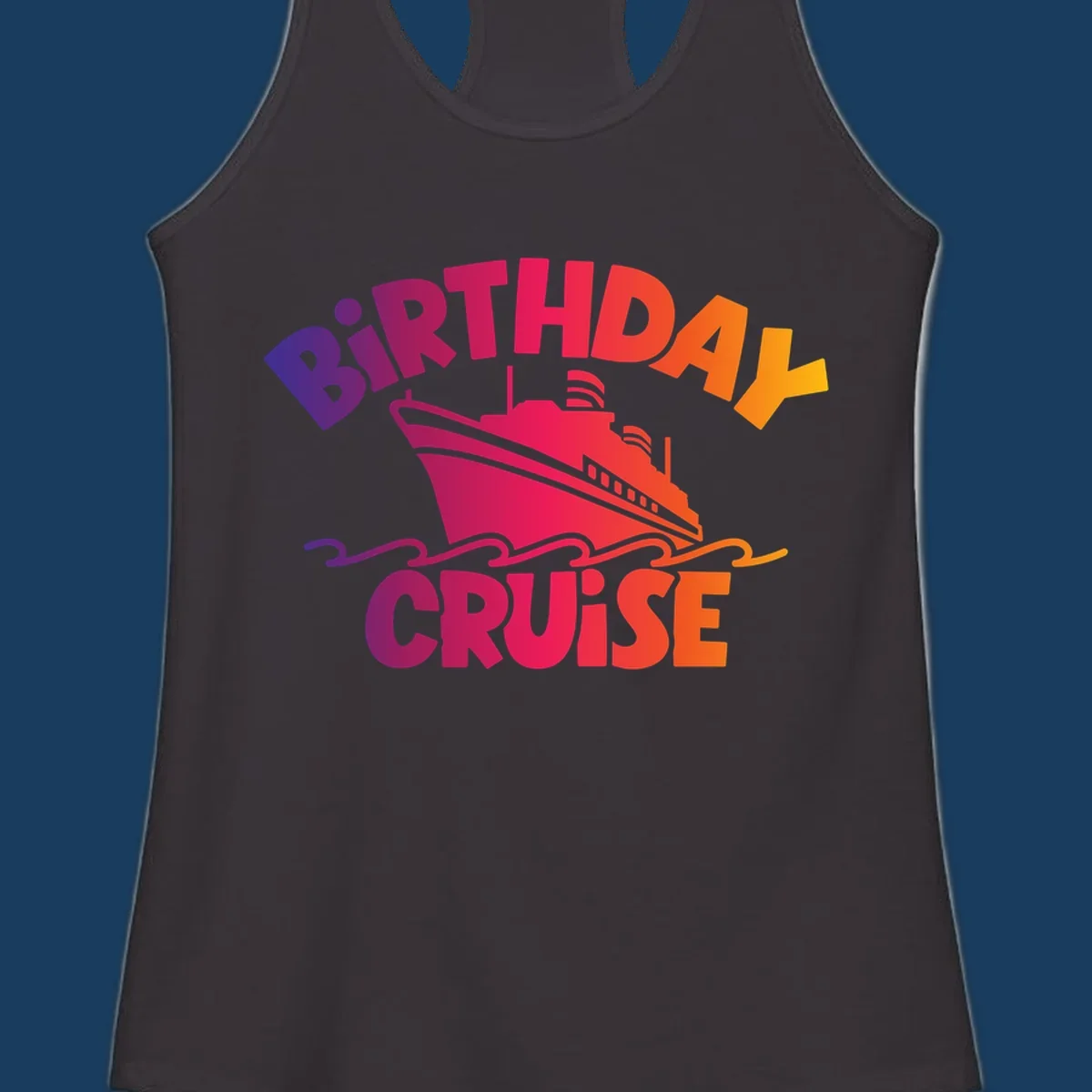 Birthday cruise ship with colorful text celebrating a birthday.