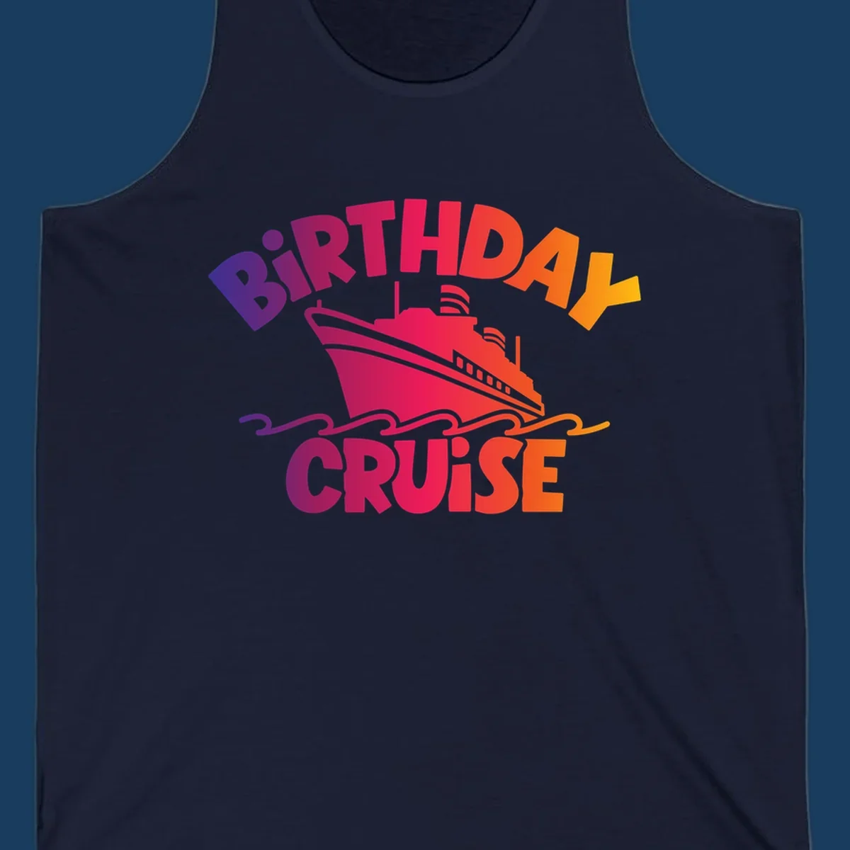 Birthday cruise ship with colorful text celebrating a birthday.
