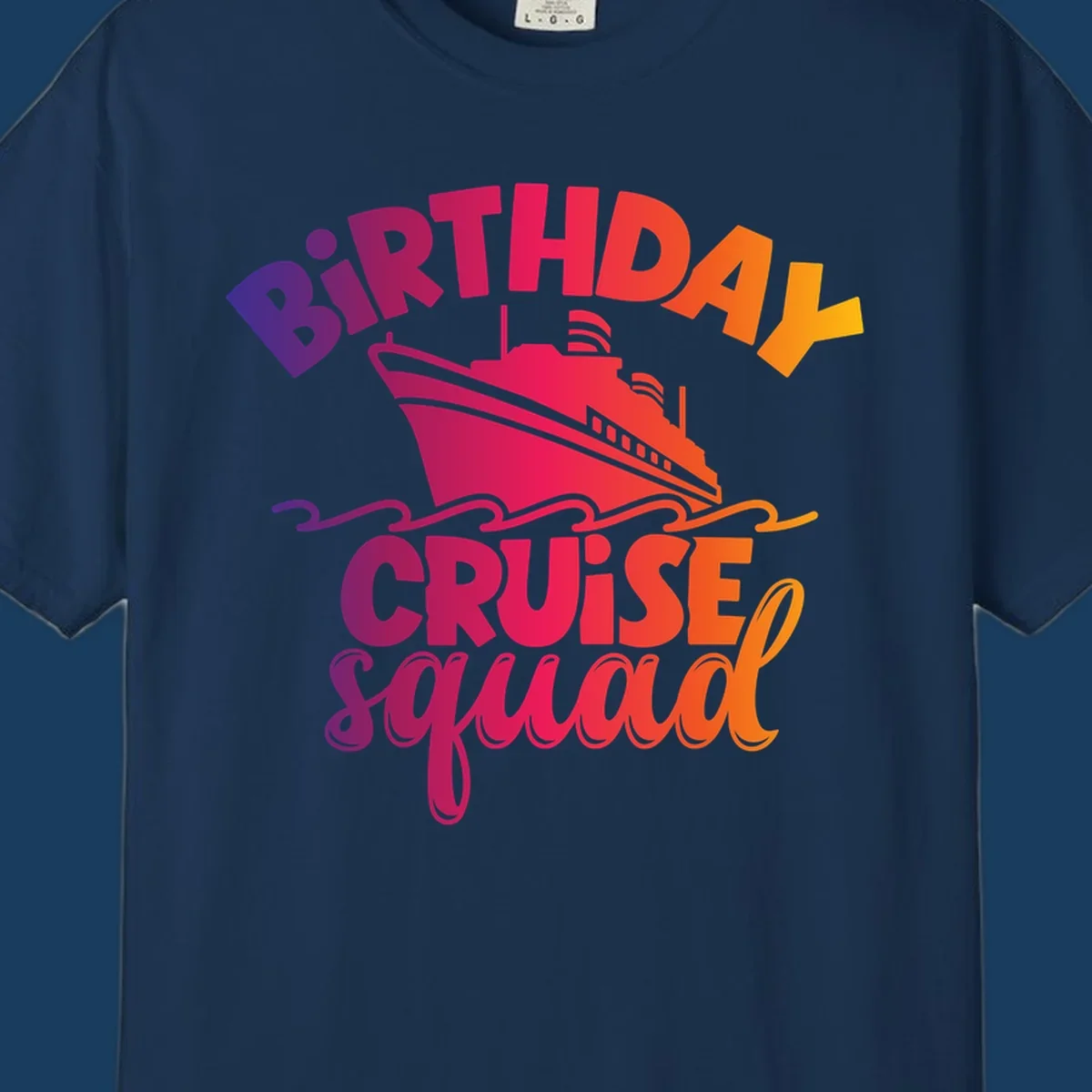 Birthday cruise squad text with a cruise ship and waves.