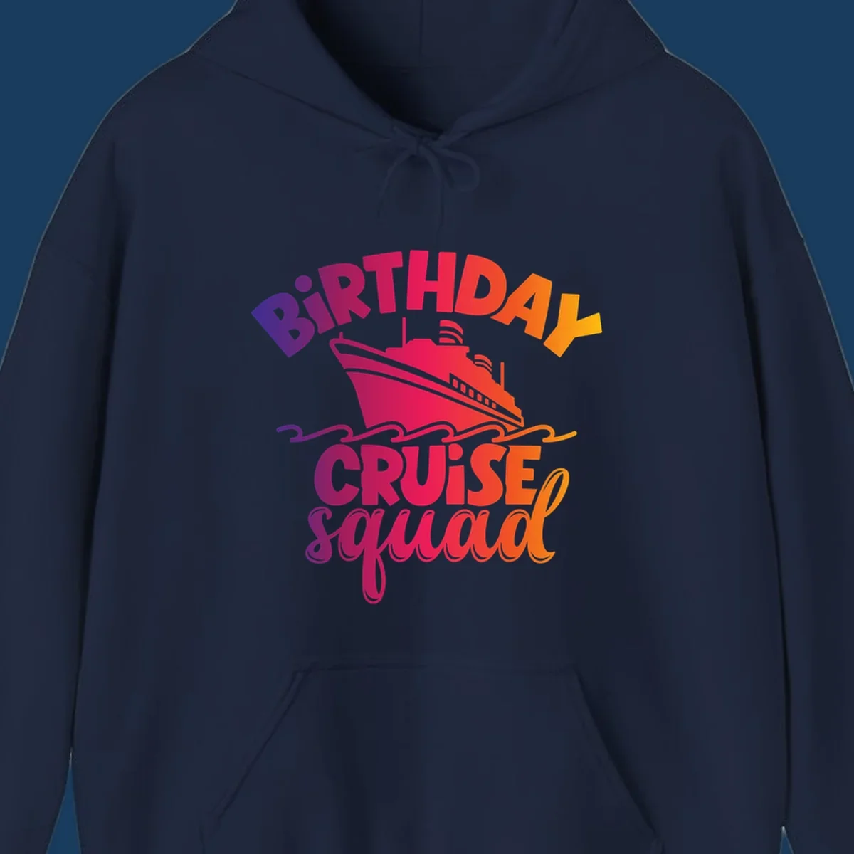 Birthday cruise squad text with a cruise ship and waves.