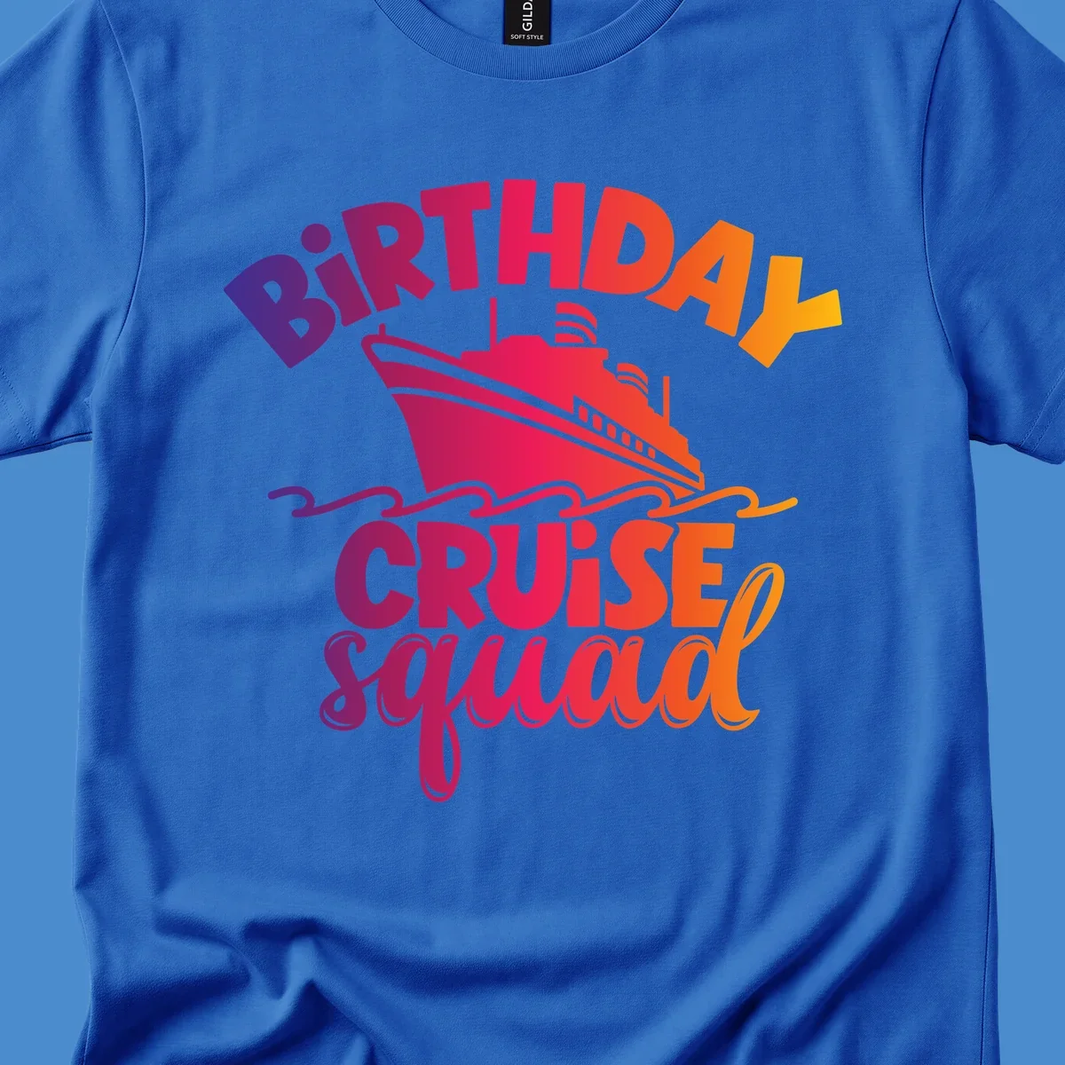 Birthday cruise squad text with a cruise ship and waves.