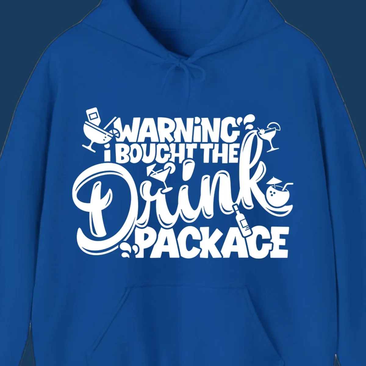 Warning I Bought The Drink Package typography with cocktail illustrations for a cruise.