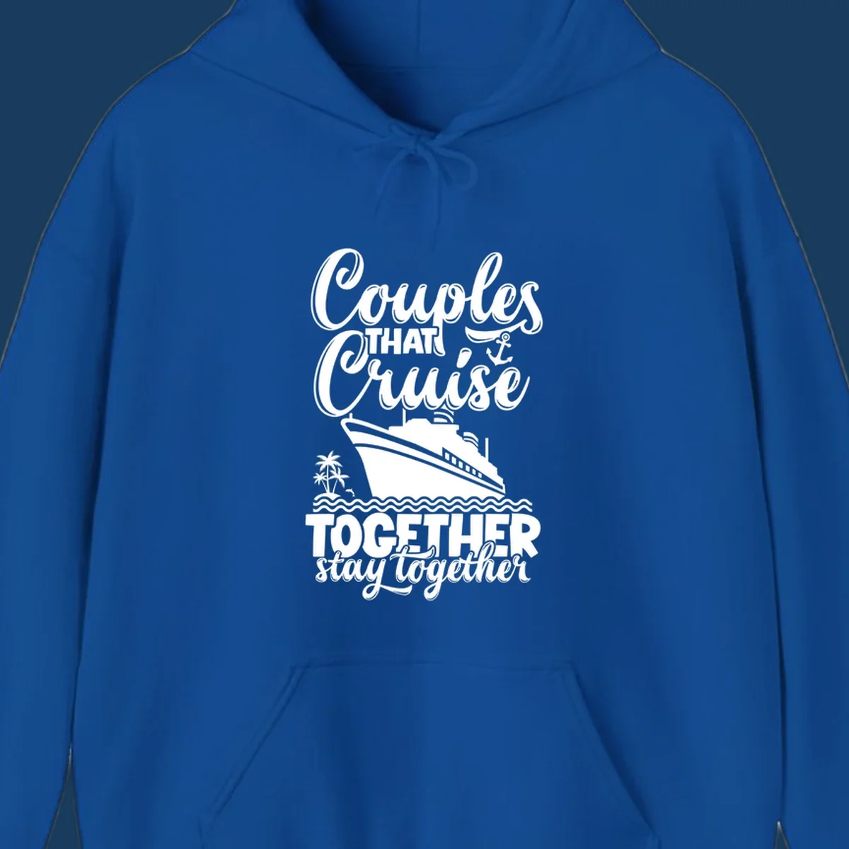 Couples cruise together text with cruise ship illustration, palm trees, dolphin, and anchor.