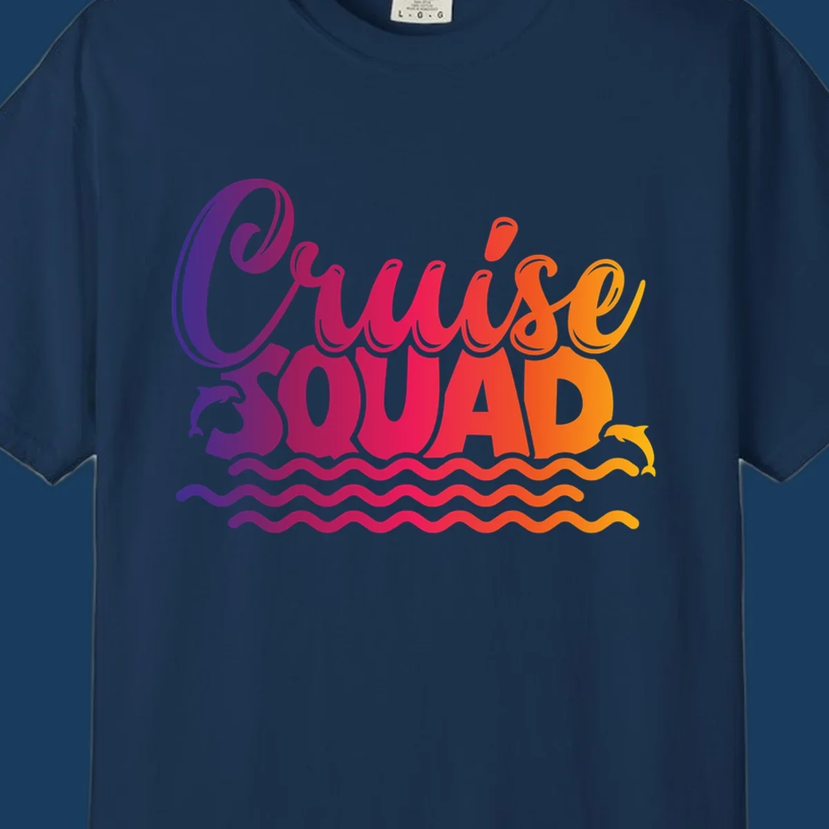 Cruise Squad text with dolphins and ocean waves graphic for group cruise shirts.