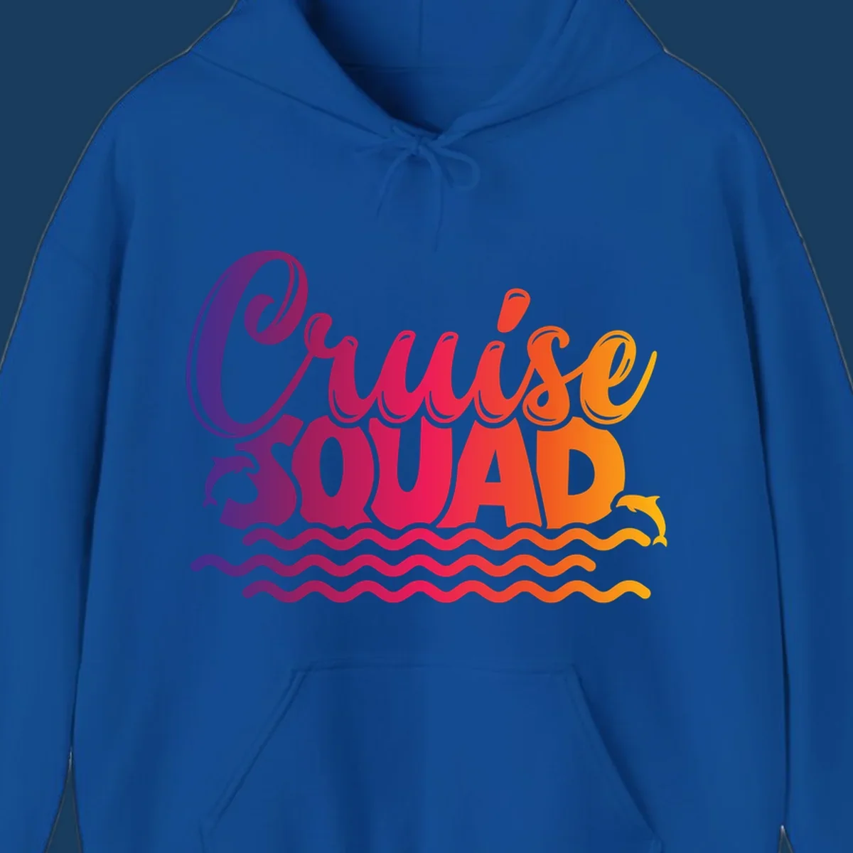 Cruise Squad text with dolphins and ocean waves graphic for group cruise shirts.