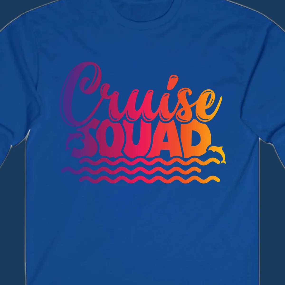 Cruise Squad text with dolphins and ocean waves graphic for group cruise shirts.