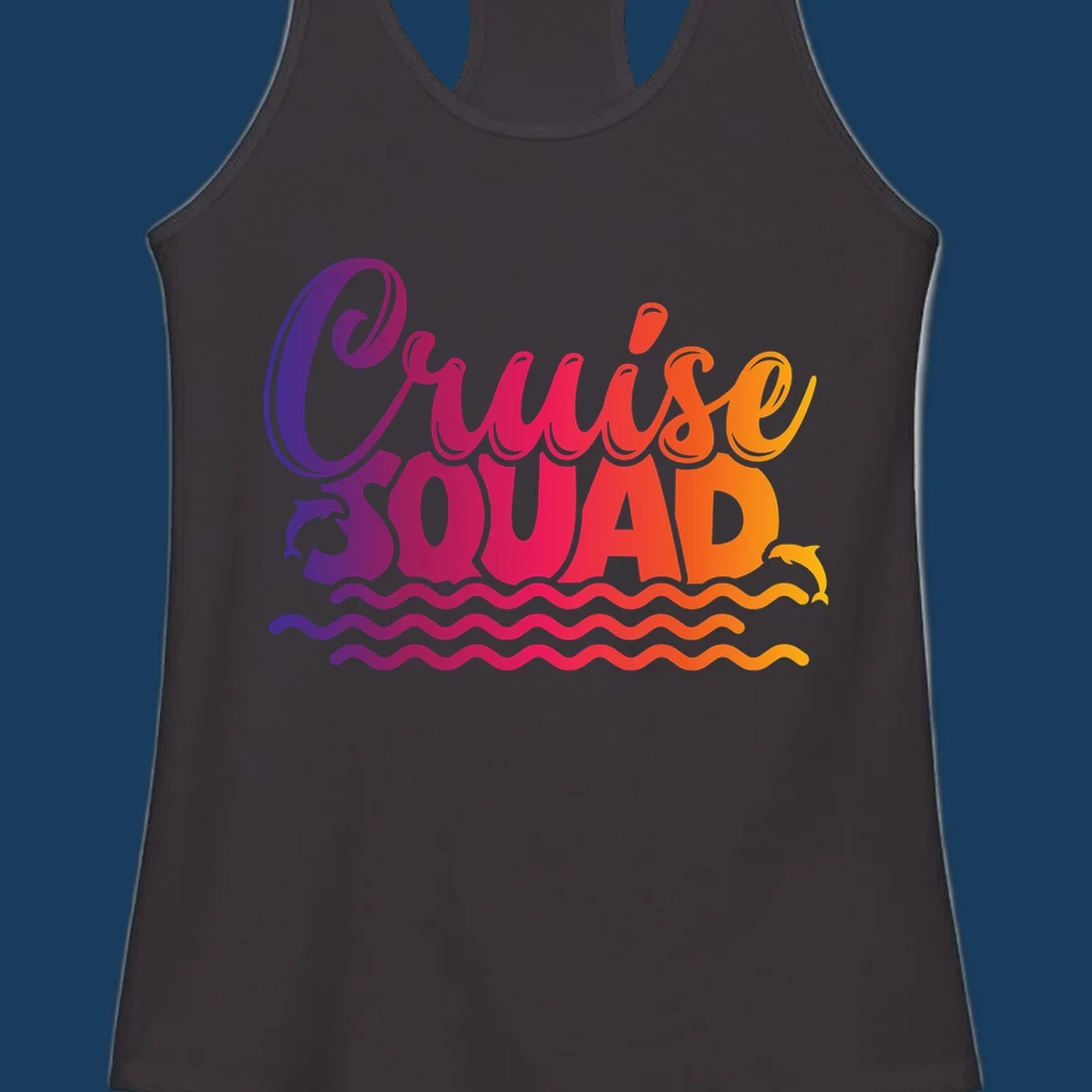 Cruise Squad text with dolphins and ocean waves graphic for group cruise shirts.