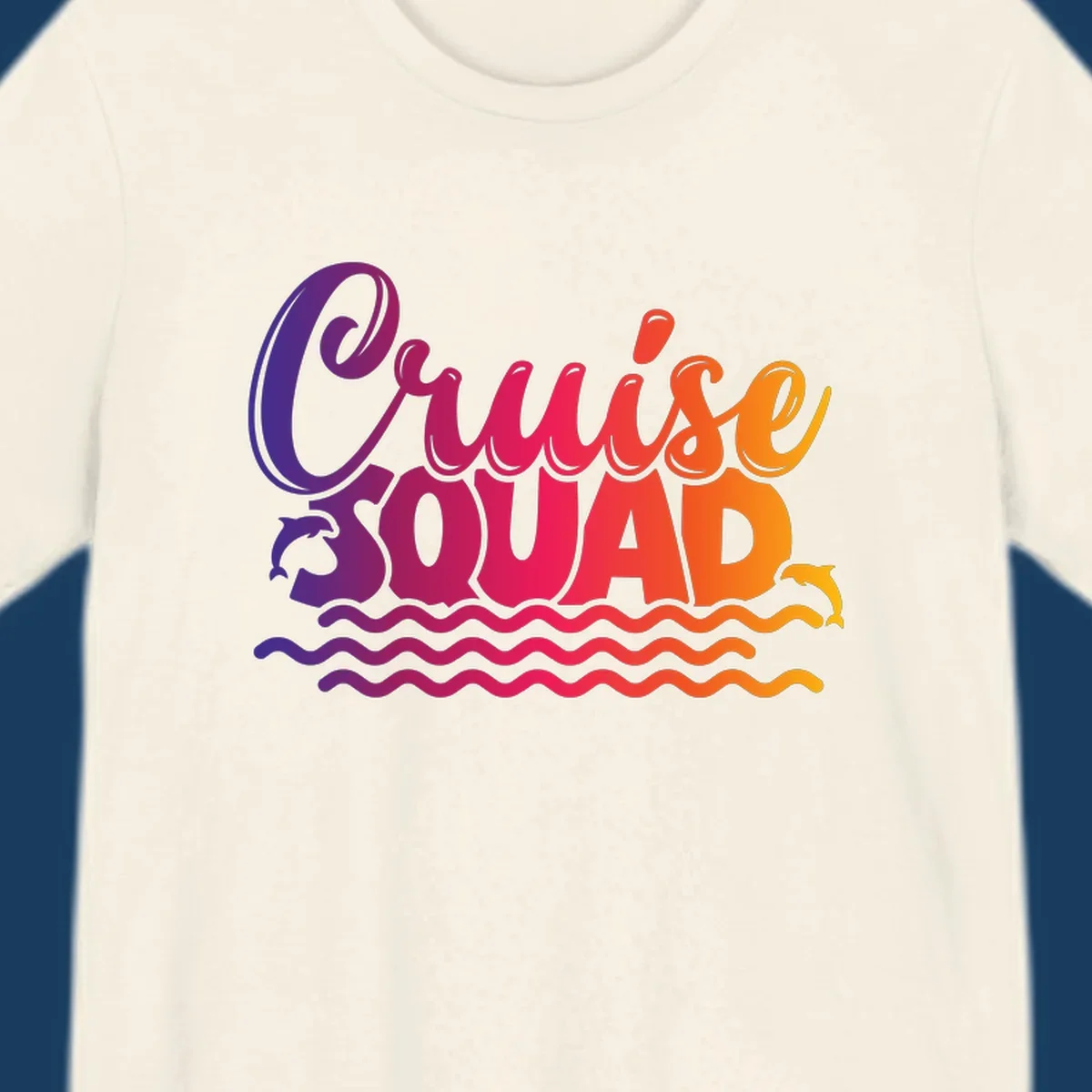 Cruise Squad text with dolphins and ocean waves graphic for group cruise shirts.