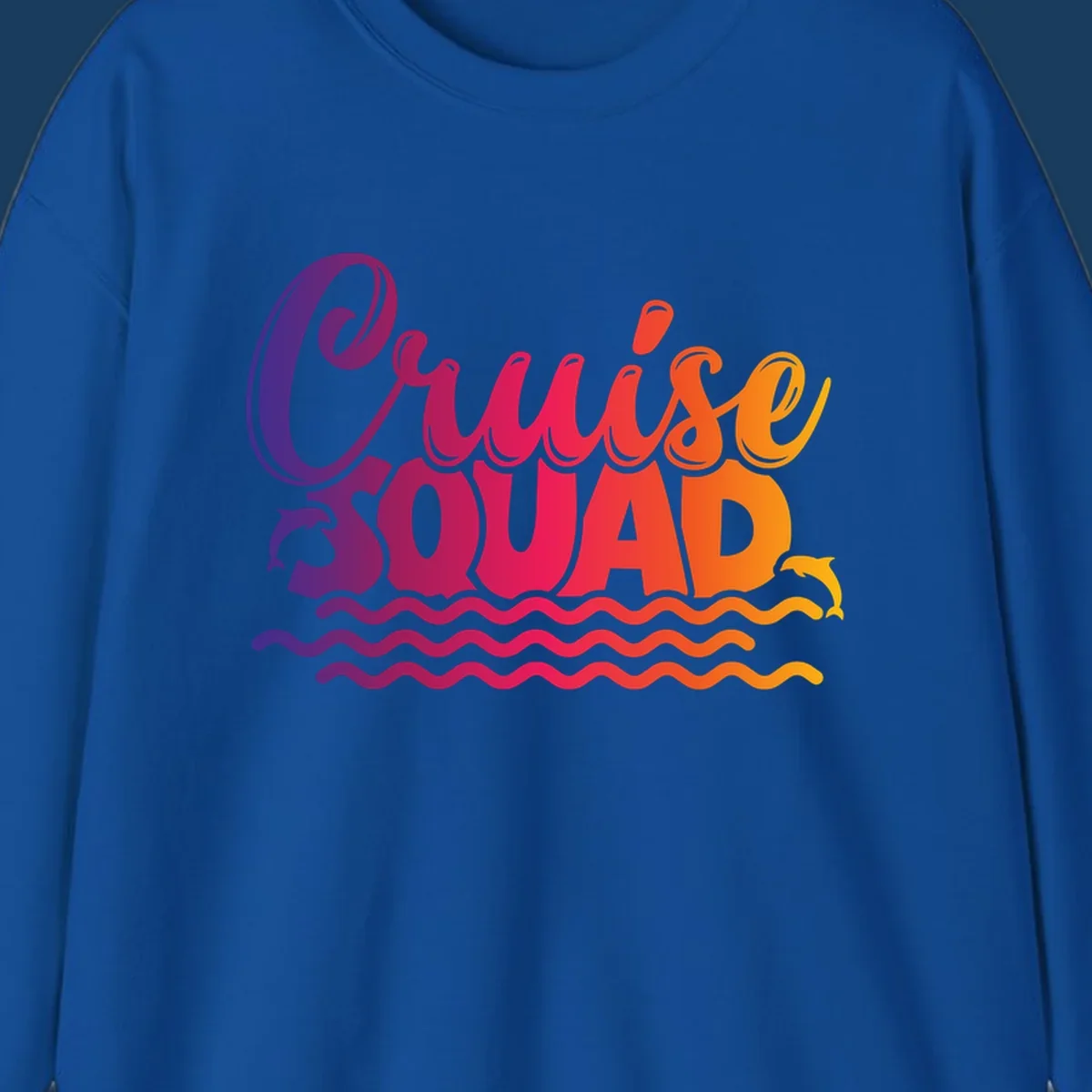 Cruise Squad text with dolphins and ocean waves graphic for group cruise shirts.