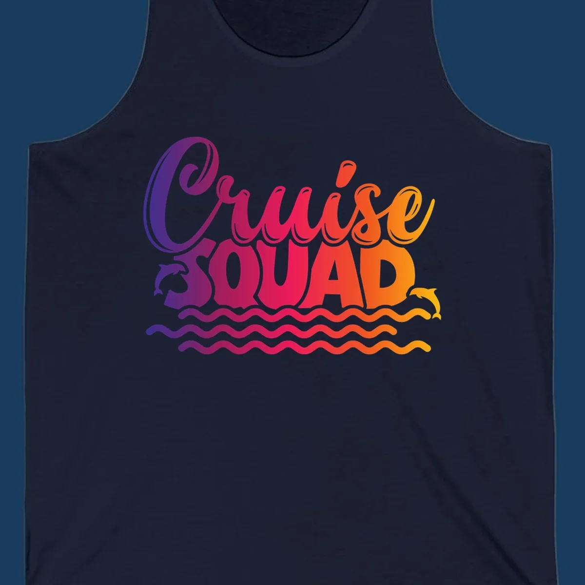 Cruise Squad text with dolphins and ocean waves graphic for group cruise shirts.