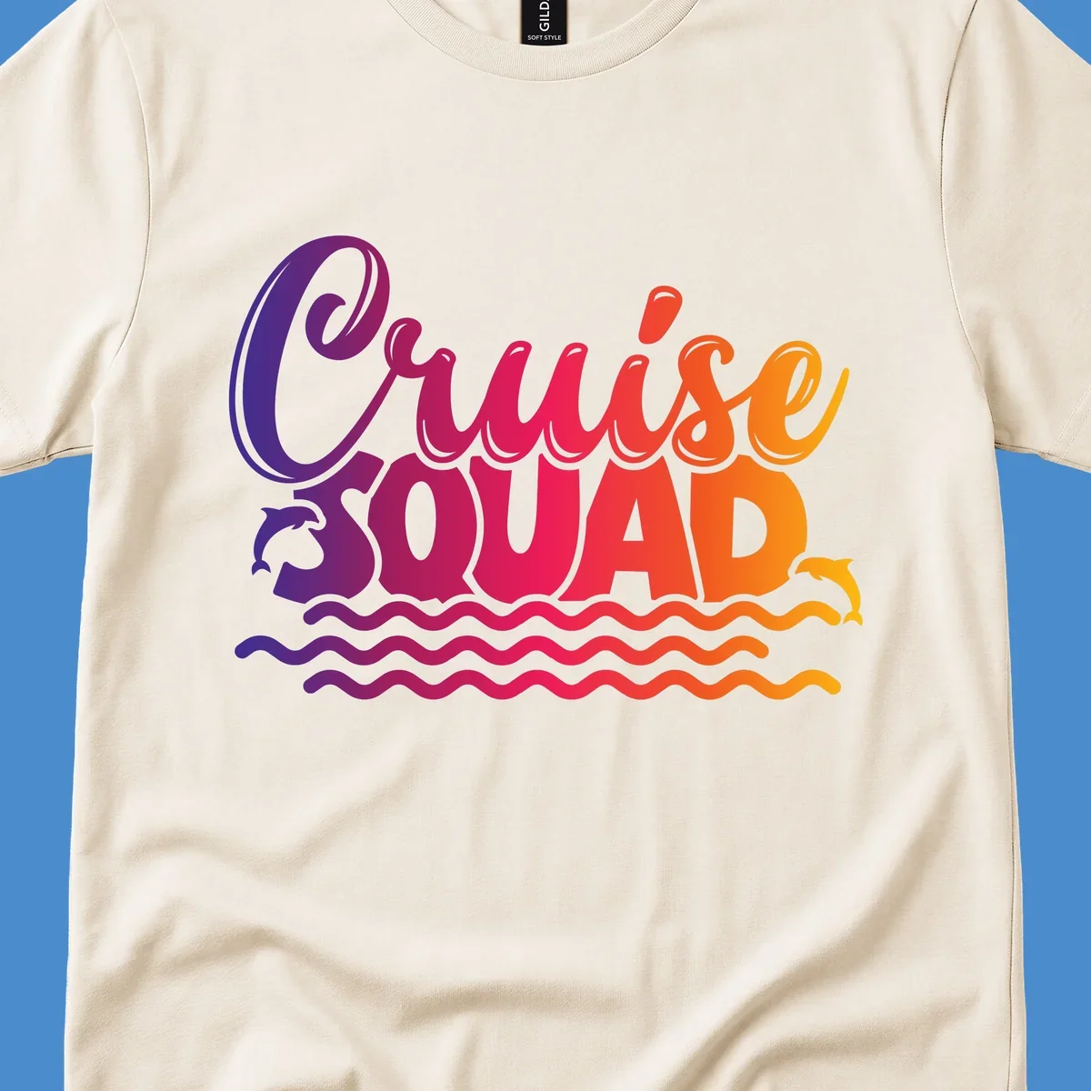 Cruise Squad text with dolphins and ocean waves graphic for group cruise shirts.