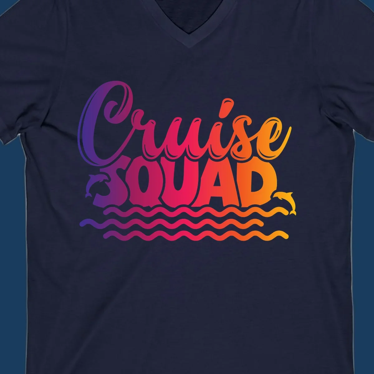 Cruise Squad text with dolphins and ocean waves graphic for group cruise shirts.