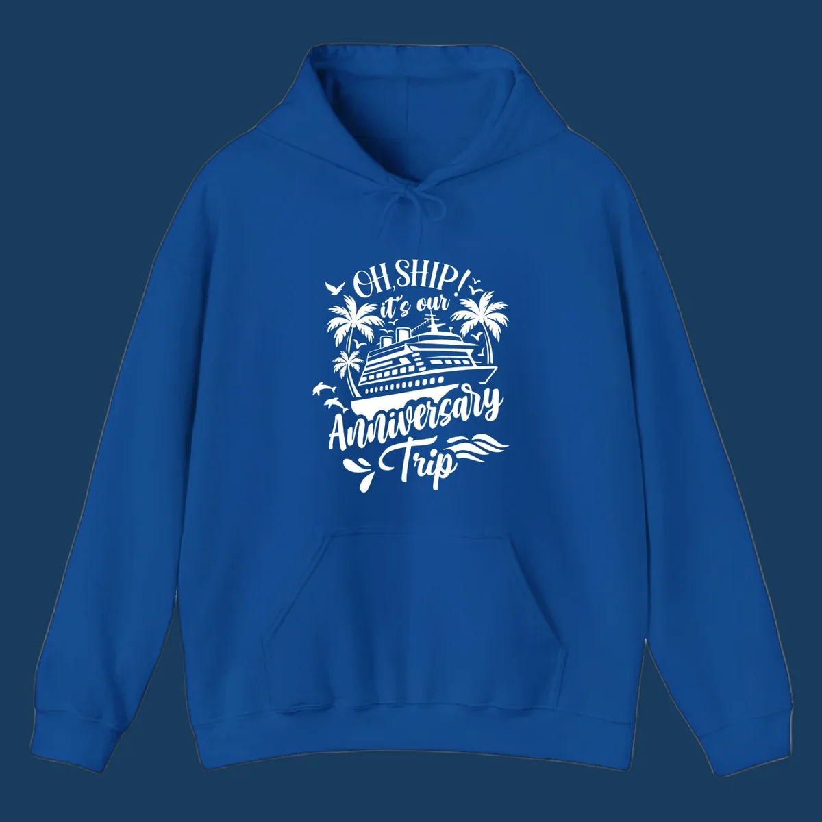 A white illustrated design for an anniversary cruise with a ship, palm trees, dolphins, and 'OH, SHIP! it's our Anniversary Trip' text.