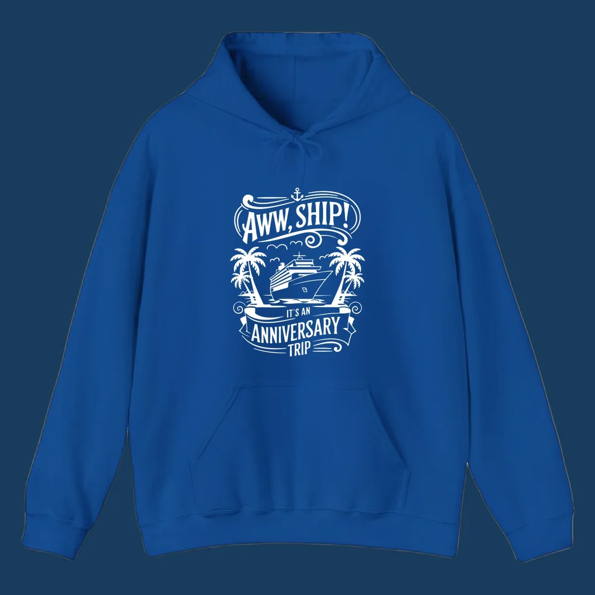 Anniversary cruise ship pun design with text "Aww, Ship! It's An Anniversary Trip".
