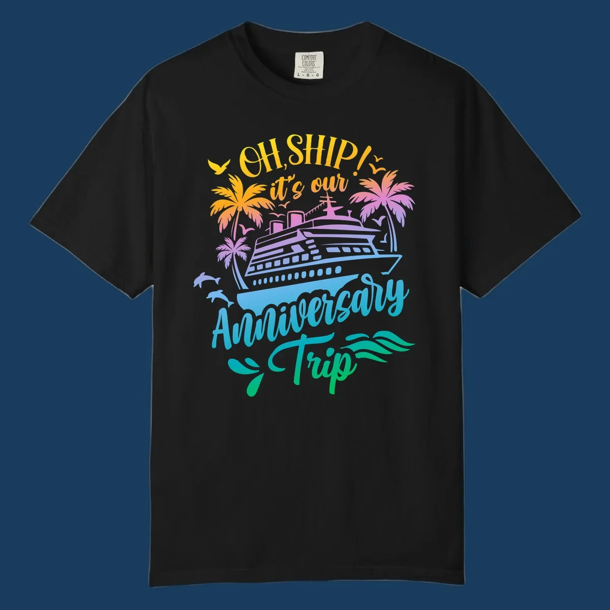 Anniversary cruise ship design with dolphins and palm trees.