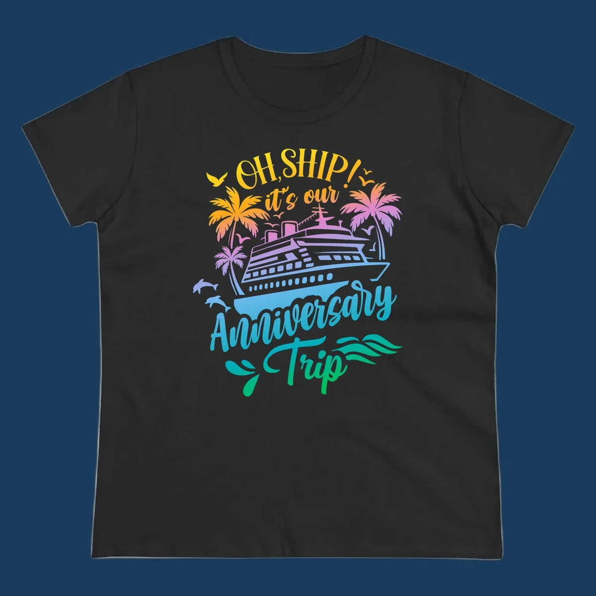 Anniversary cruise ship design with dolphins and palm trees.