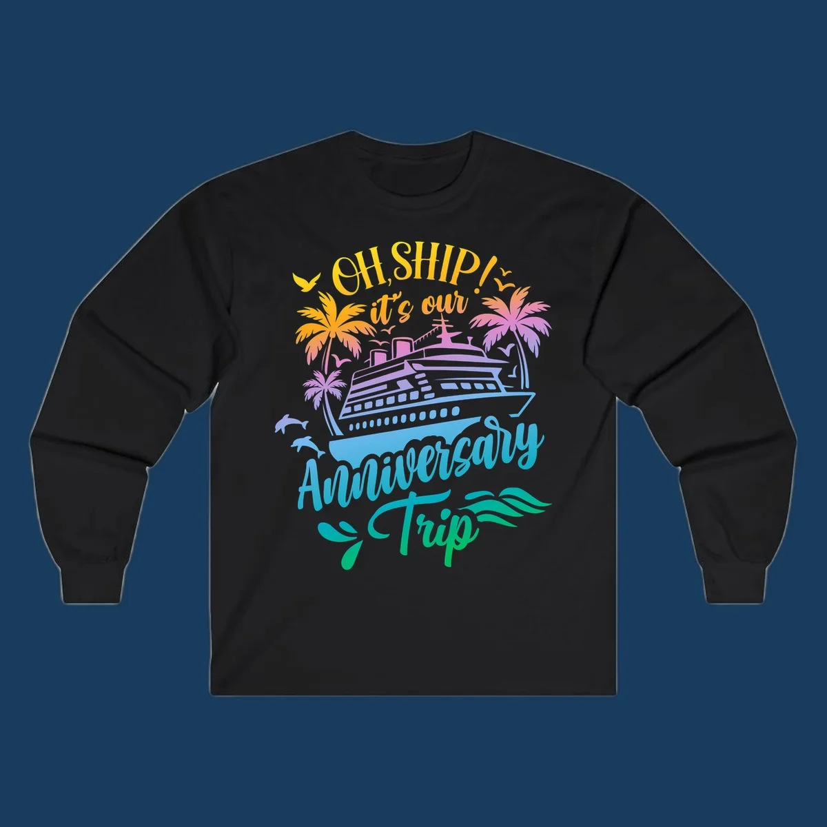 Anniversary cruise ship design with dolphins and palm trees.