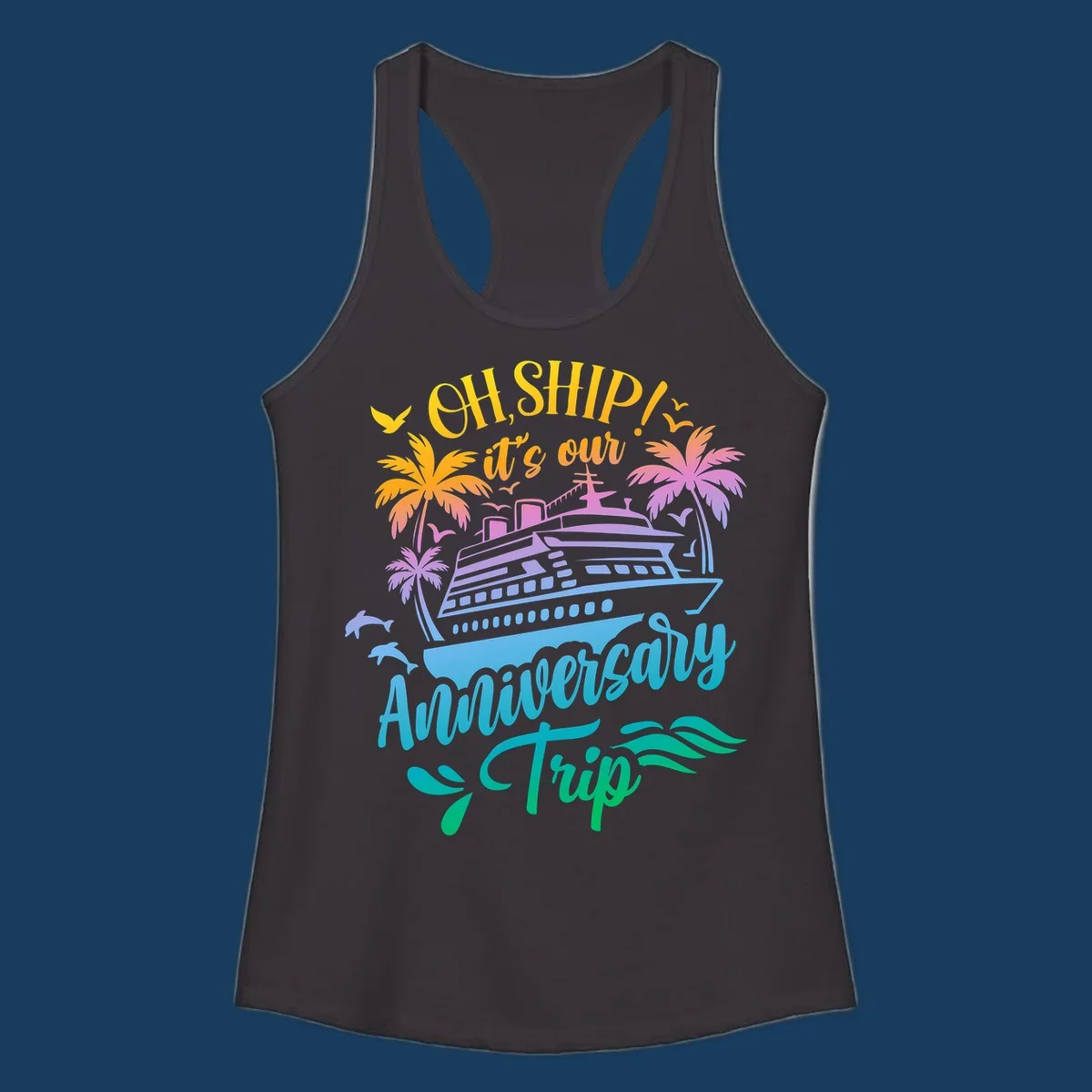 Anniversary cruise ship design with dolphins and palm trees.