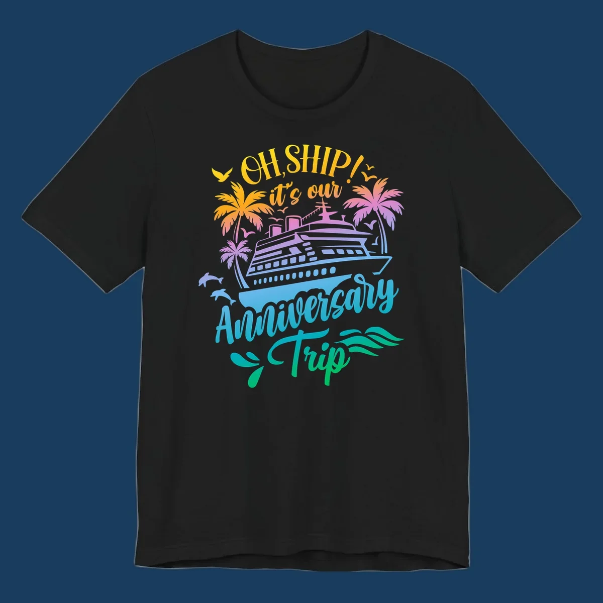 Anniversary cruise ship design with dolphins and palm trees.