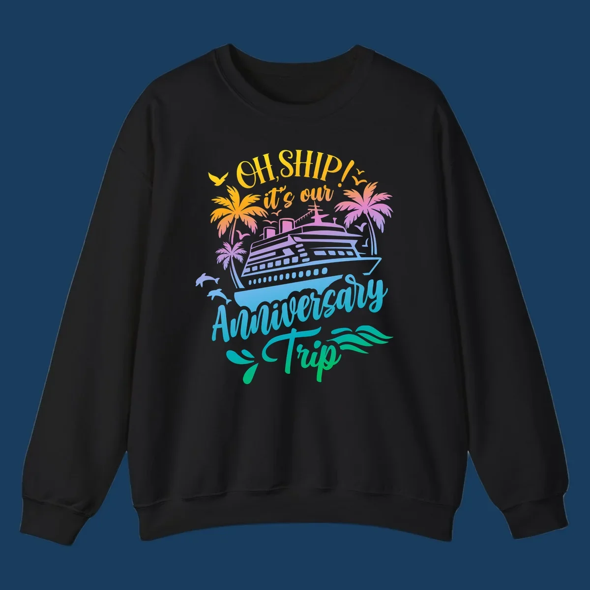 Anniversary cruise ship design with dolphins and palm trees.
