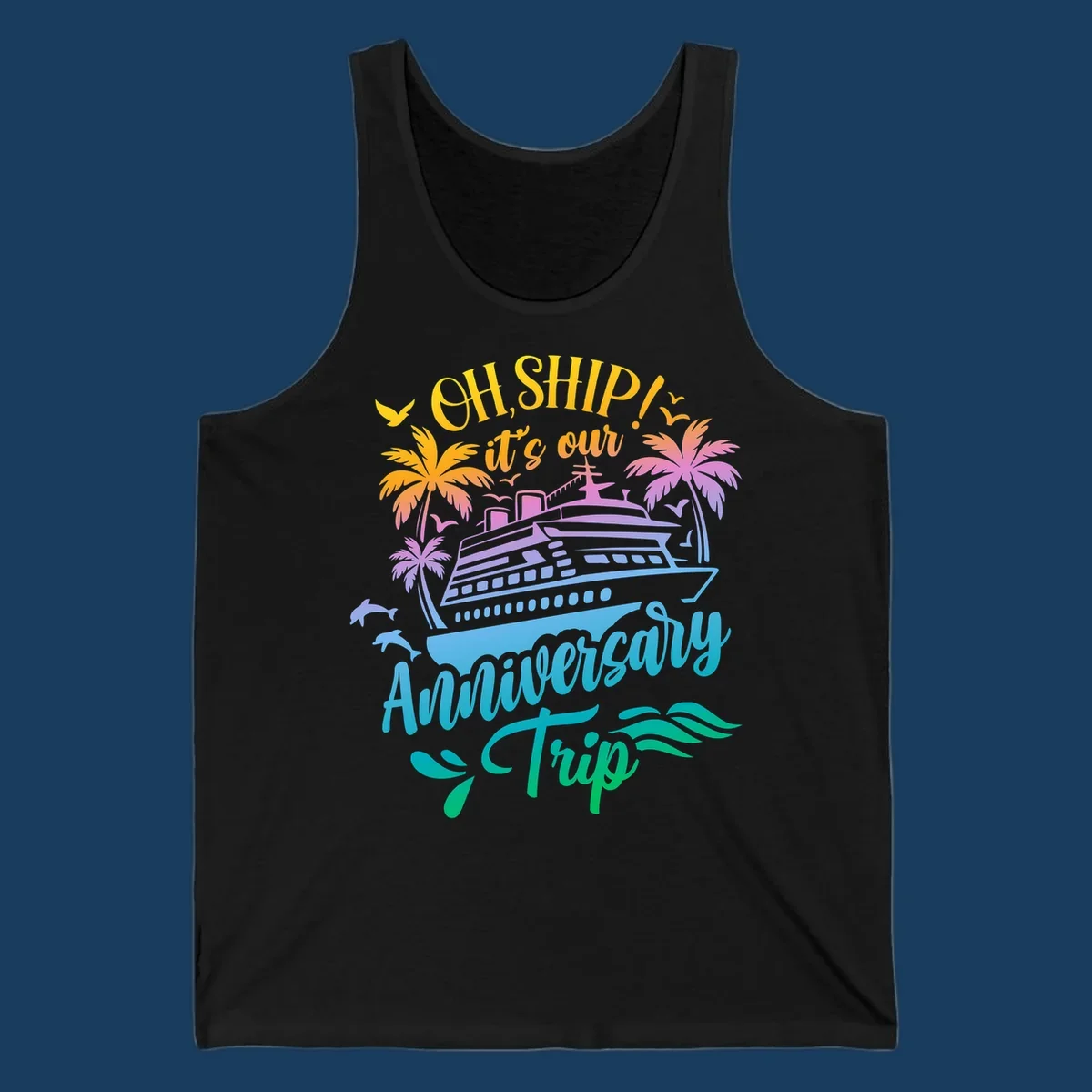 Anniversary cruise ship design with dolphins and palm trees.