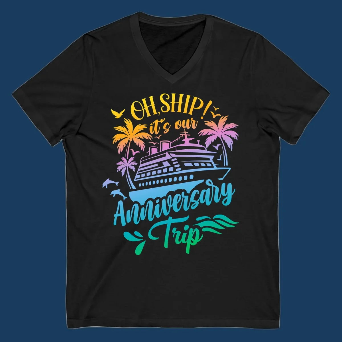 Anniversary cruise ship design with dolphins and palm trees.