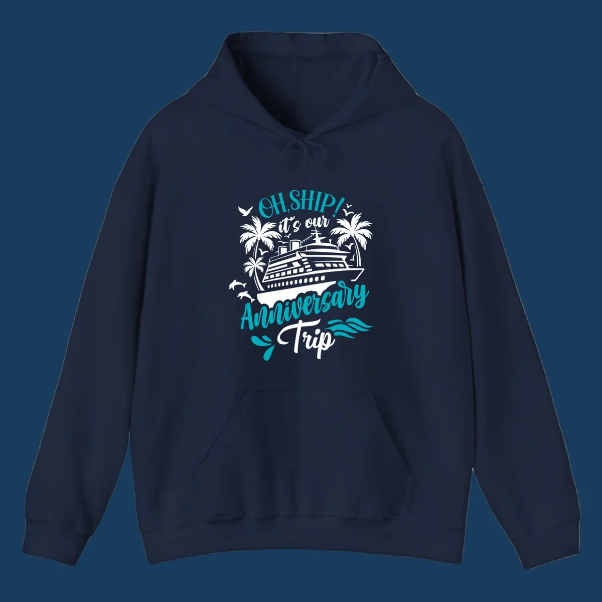 Anniversary cruise ship design with text 'Oh Ship! It's Our Anniversary Trip'.