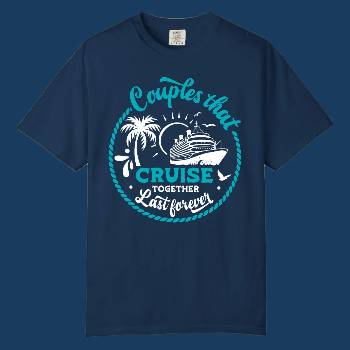 Illustration of a cruise ship, palm tree, and text 'Couples that Cruise Together Last Forever'.