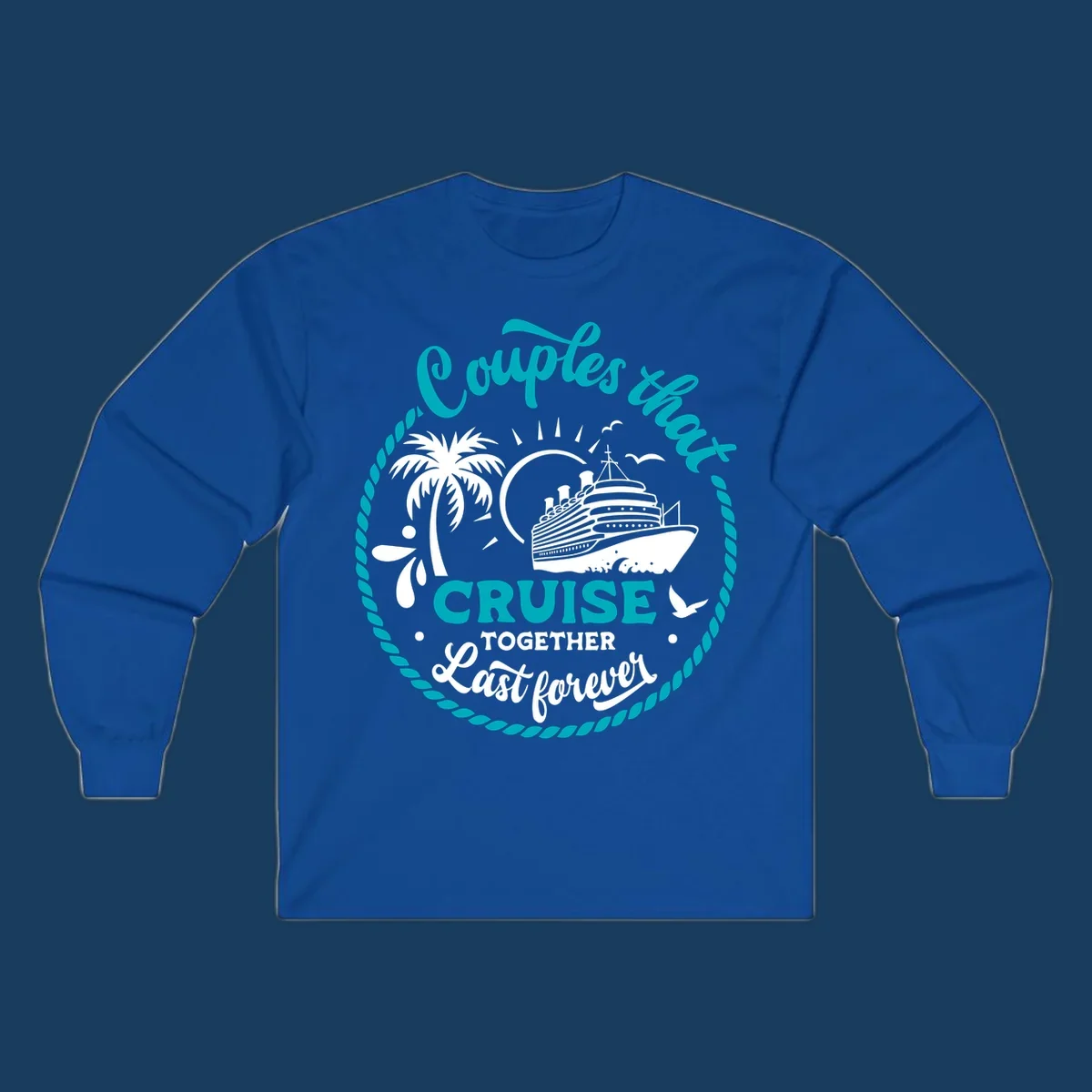 Illustration of a cruise ship, palm tree, and text 'Couples that Cruise Together Last Forever'.