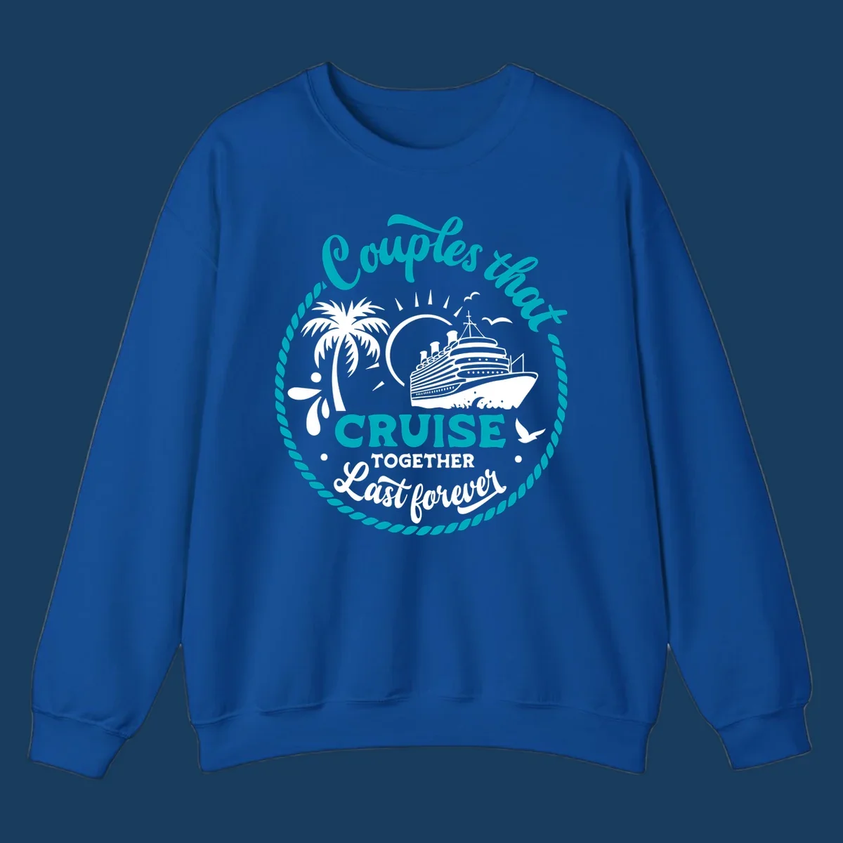 Illustration of a cruise ship, palm tree, and text 'Couples that Cruise Together Last Forever'.