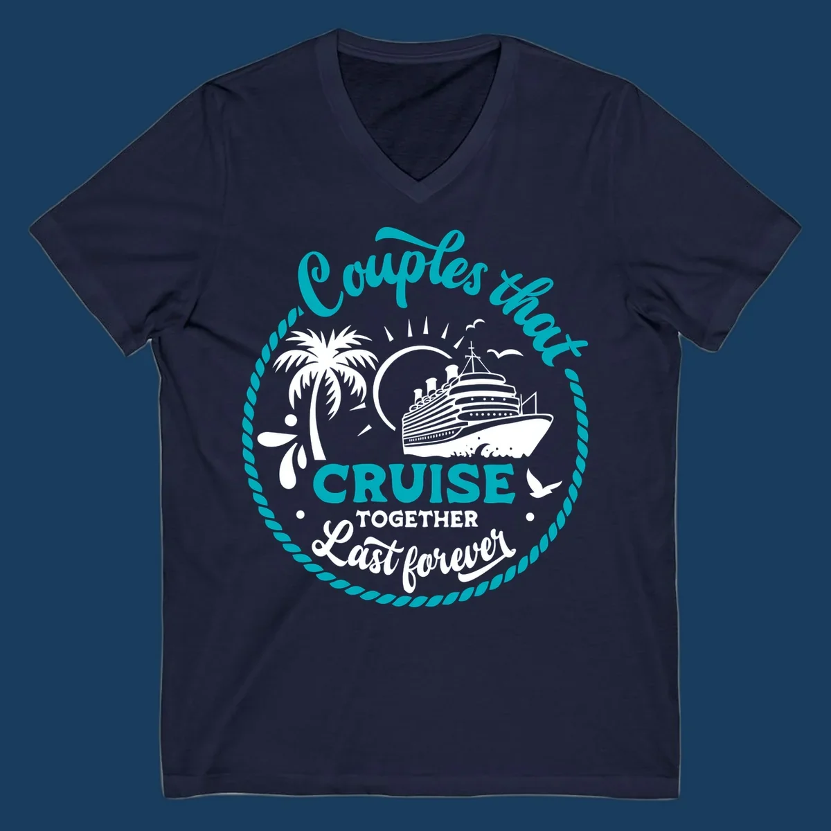 Illustration of a cruise ship, palm tree, and text 'Couples that Cruise Together Last Forever'.