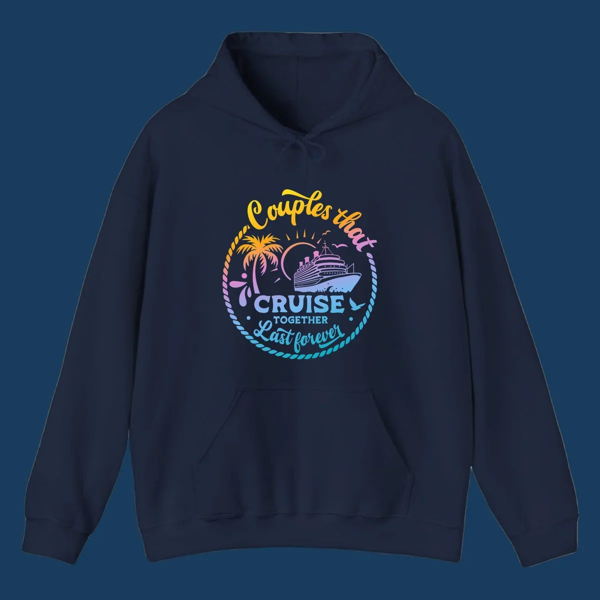 Couples that cruise together last forever cruise ship illustration with palm tree and rope border.