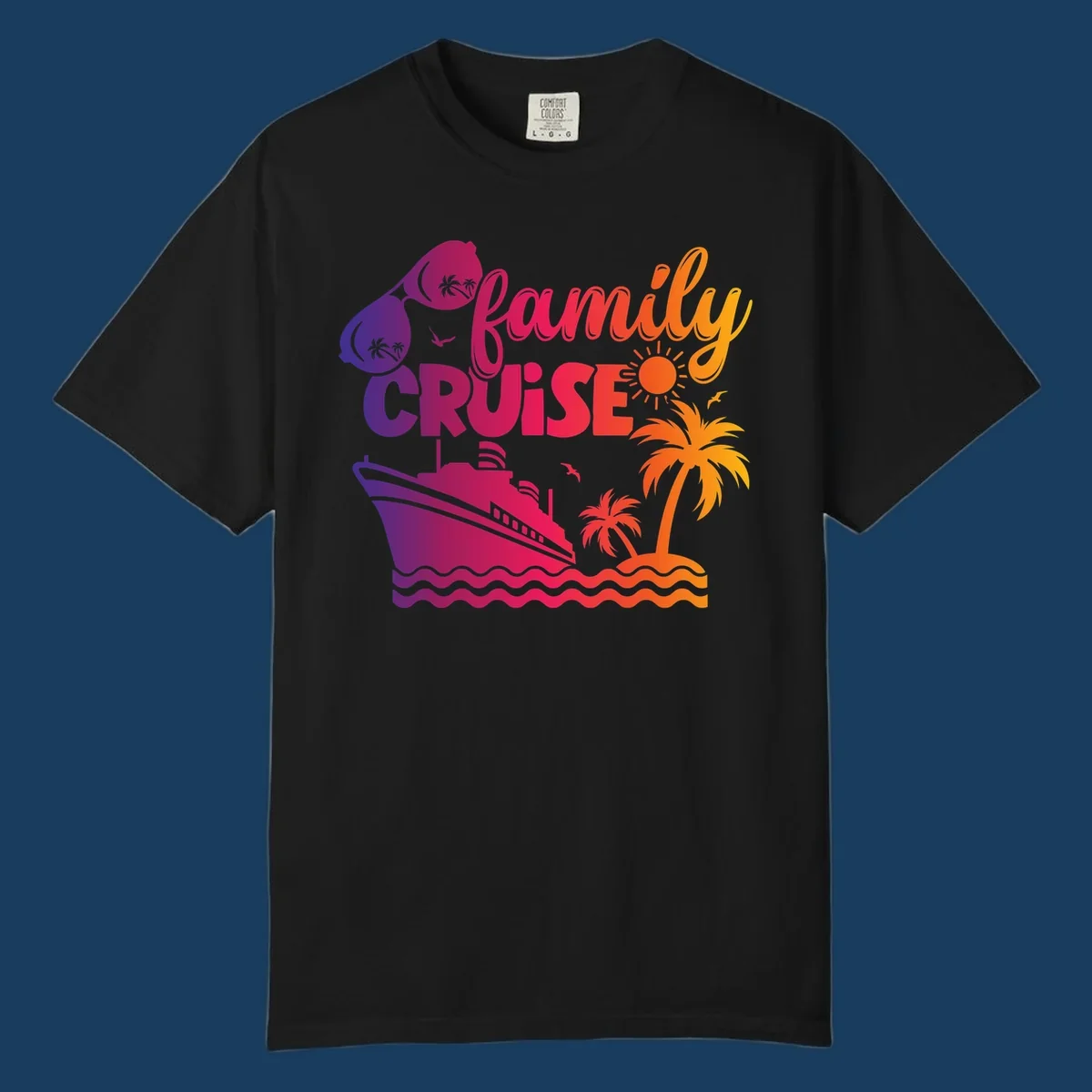 Family cruise design with sunglasses, cruise ship, palm trees, and tropical island. family-cruise-vibes.