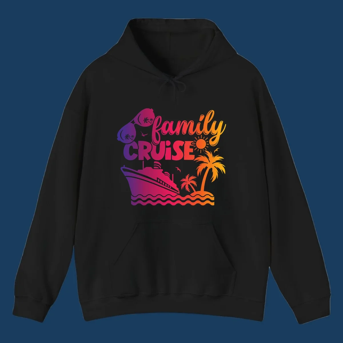 Family cruise design with sunglasses, cruise ship, palm trees, and tropical island. family-cruise-vibes.