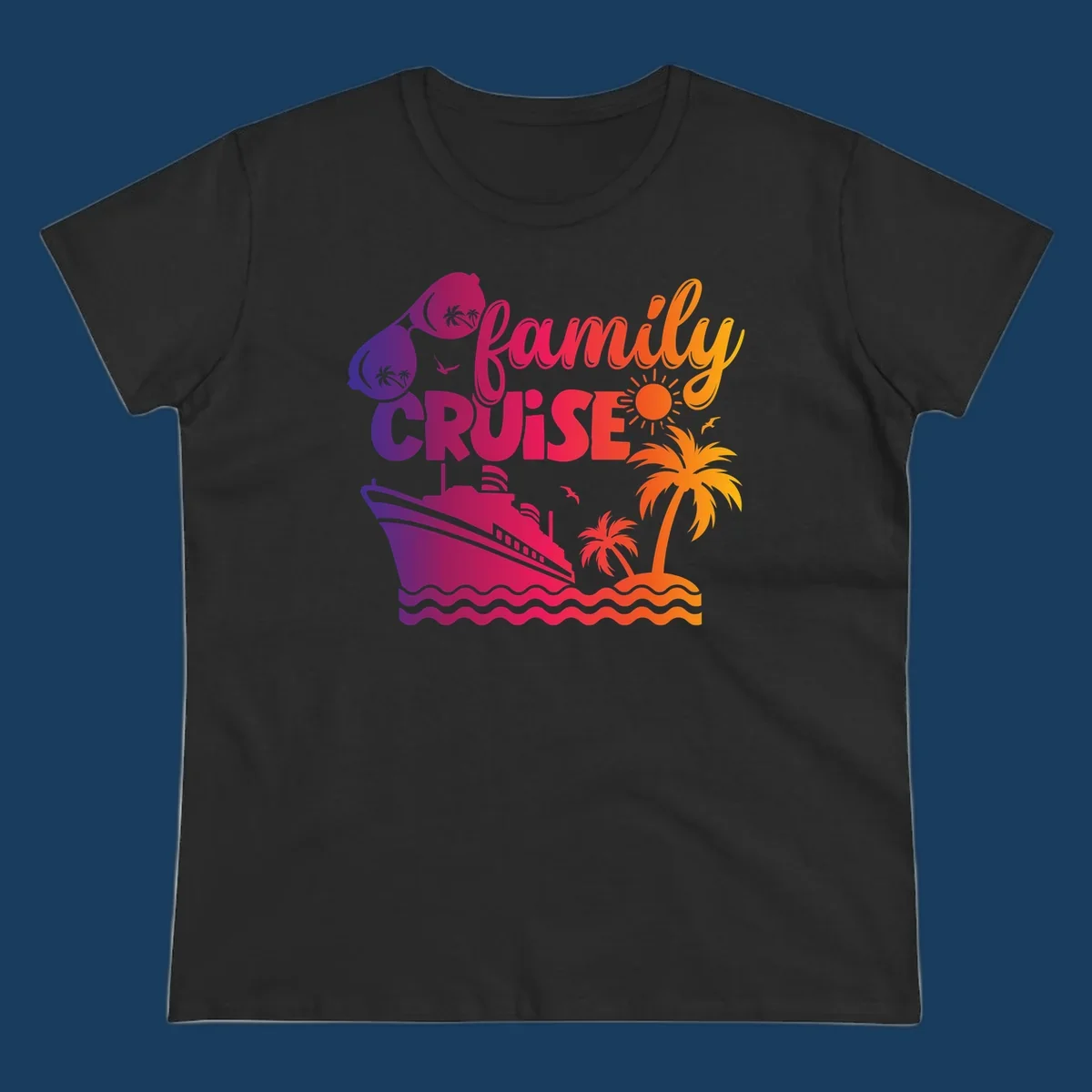 Family cruise design with sunglasses, cruise ship, palm trees, and tropical island. family-cruise-vibes.