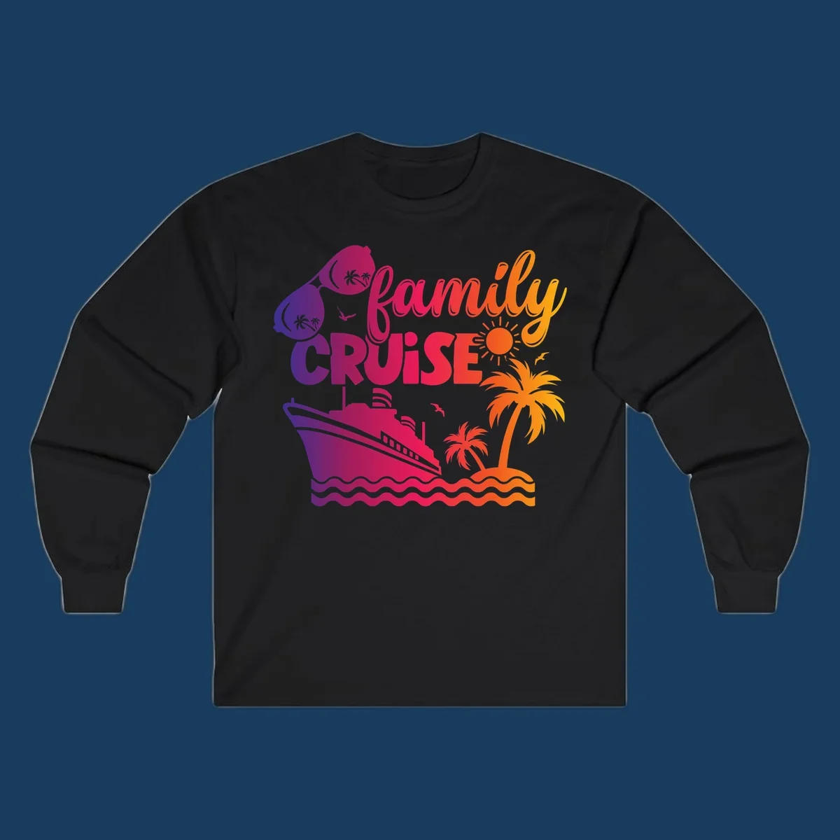 Family cruise design with sunglasses, cruise ship, palm trees, and tropical island. family-cruise-vibes.