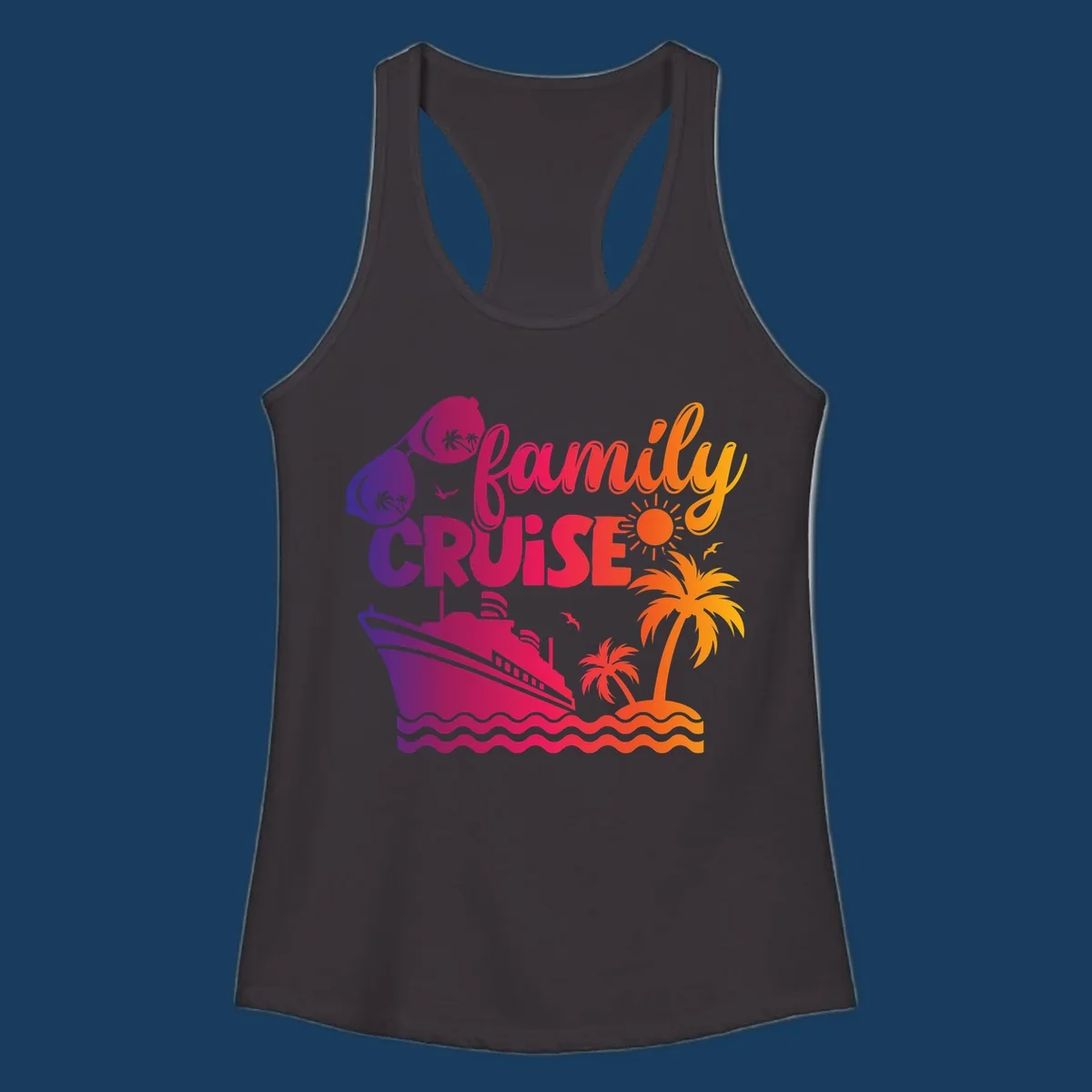 Family cruise design with sunglasses, cruise ship, palm trees, and tropical island. family-cruise-vibes.