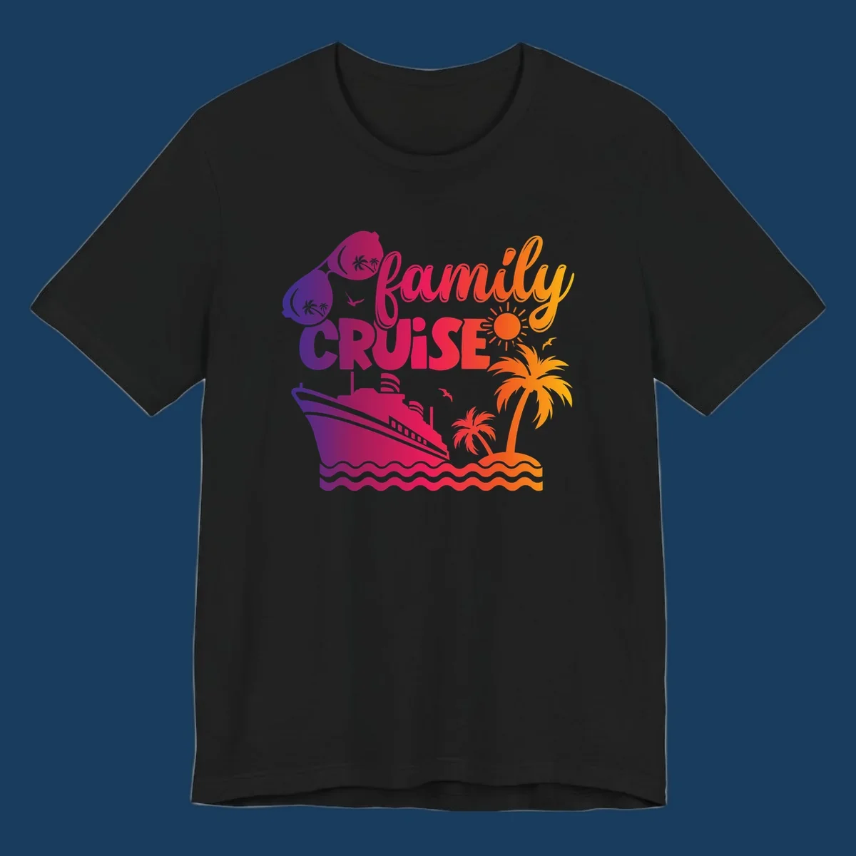 Family cruise design with sunglasses, cruise ship, palm trees, and tropical island. family-cruise-vibes.